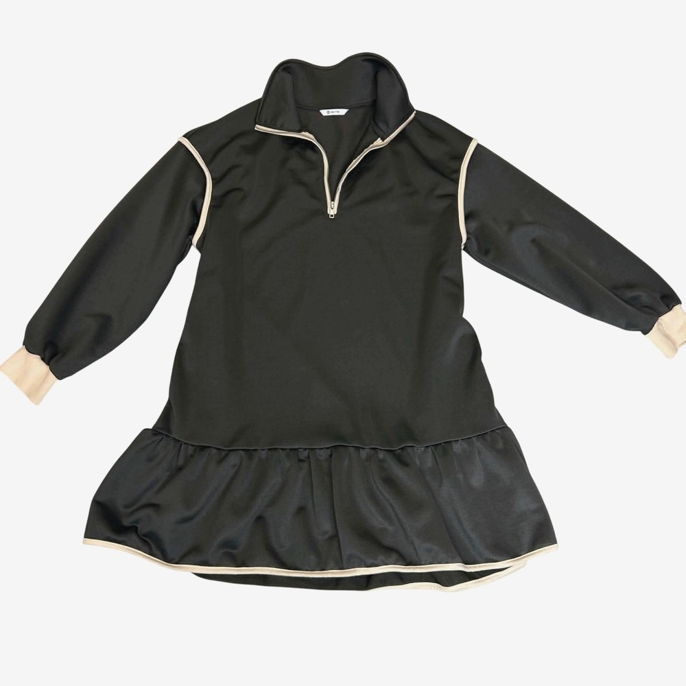 Wenrine Womens Quarter Zip Ruffle Hem Mini Dress Black Cream H8B418 Size M
